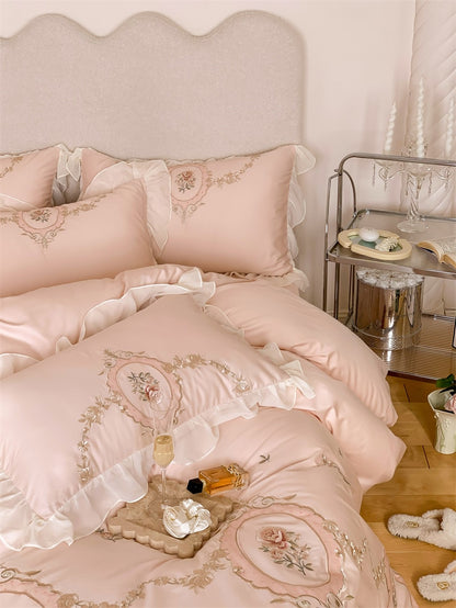 Vintage French Baroque Rose Embroidery Wedding Lace Ruffles Duvet Cover, Egyptian Cotton 1000TC Bedding Set
