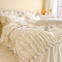 Thumbnail for White Pink Princess Wedding Ruffles Girls Duvet Cover Set, Washed Cotton Bedding Set