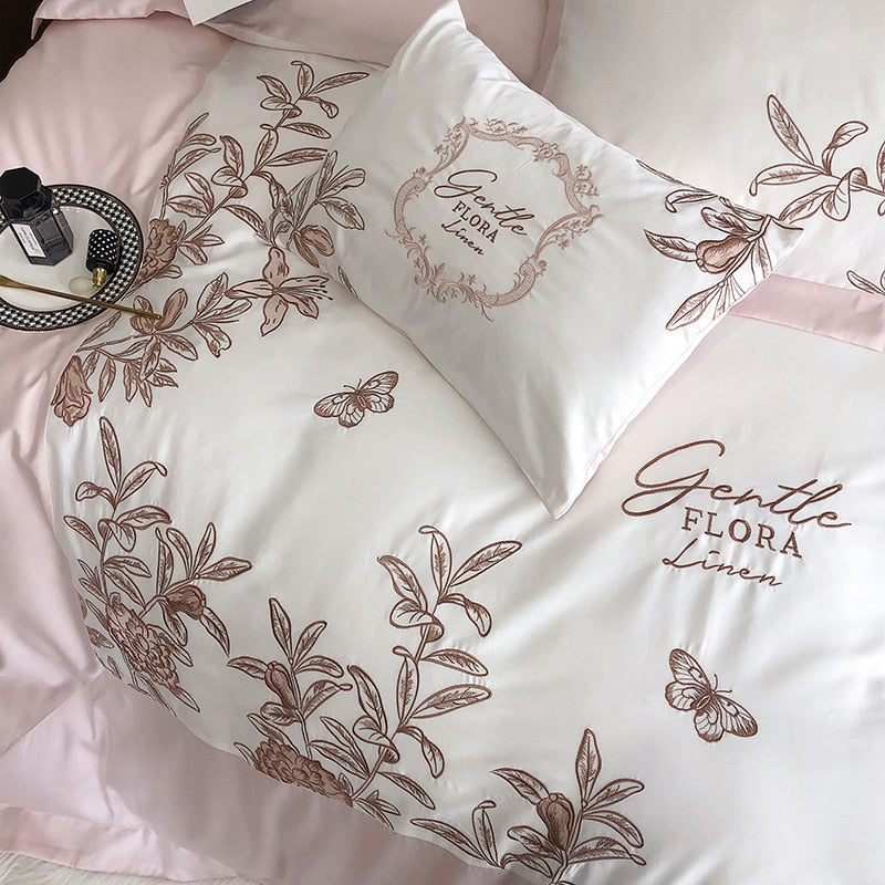 Burgundy American Pastoral Flowers Bird Embroidered Duvet Cover Set, 1000TC Egyptian Cotton Bedding Set