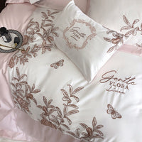 Thumbnail for Burgundy American Pastoral Flowers Bird Embroidered Duvet Cover Set, 1000TC Egyptian Cotton Bedding Set