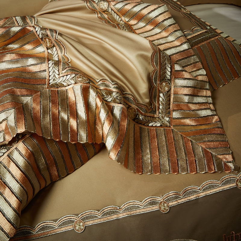 Luxury Gold Orange Horse Lace Palace European Silky Duvet Cover, 1200TC Egyptian Cotton Bedding Set