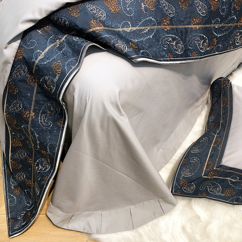 Luxury Brown Blue Paisley Embroidered Linen Duvet Cover Set, 1000TC Egyptian Cotton Bedding Set
