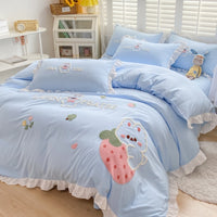 Thumbnail for Yellow Purple Cartoon Strawberry Rabbit Embroidered Kids Duvet Cover, Polyester Bedding Set
