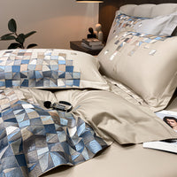 Thumbnail for Luxury Silver Blue Beautiful Modern Tiles Embroidered Duvet Cover Set, 1000TC Egyptian Cotton Bedding Set