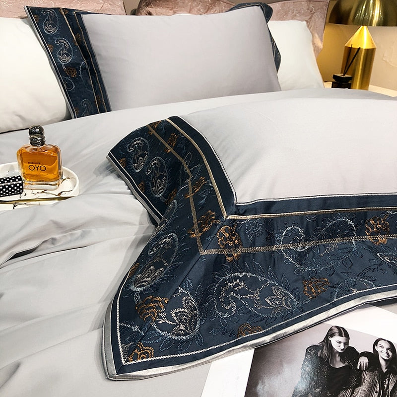 Luxury Brown Blue Paisley Embroidered Linen Duvet Cover Set, 1000TC Egyptian Cotton Bedding Set