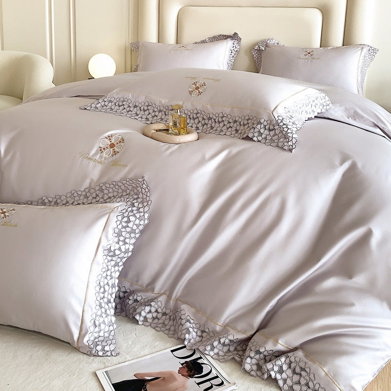 Romantic Pink White French Europe Lace Embroidered Egyptian Cotton 1000TC Duvet Cover Bedding Set