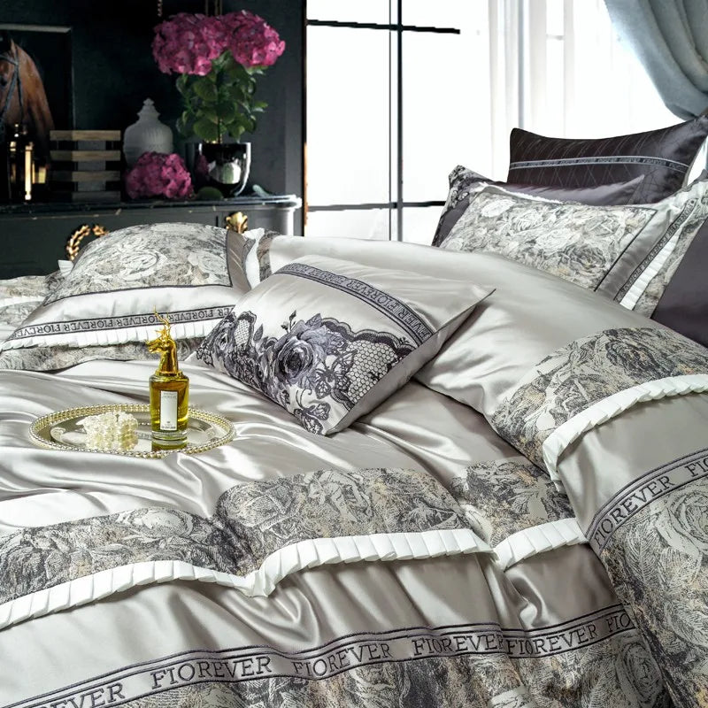 Luxury Baroque Embroidery Patchwork Duvet Cover Set, Silky Satin Cotton 1000TC Bedding Set