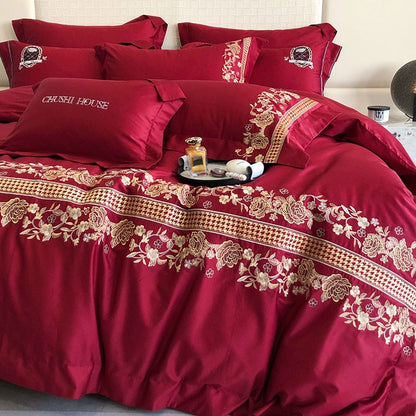 Burgundy Pink French Style Vintage Embroidered Duvet Cover Set, 1000TC Egyptian Cotton Bedding Set