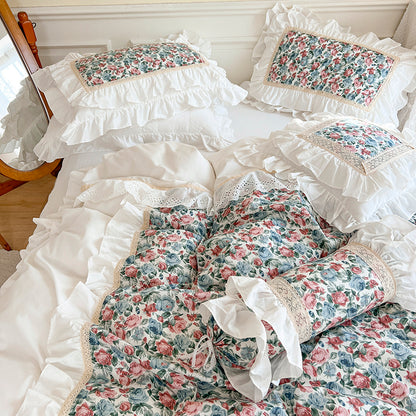 Vintage French White Rose European Patchwork Ruffles Bed Skirt Duvet Set, 100% Cotton Bedding Set