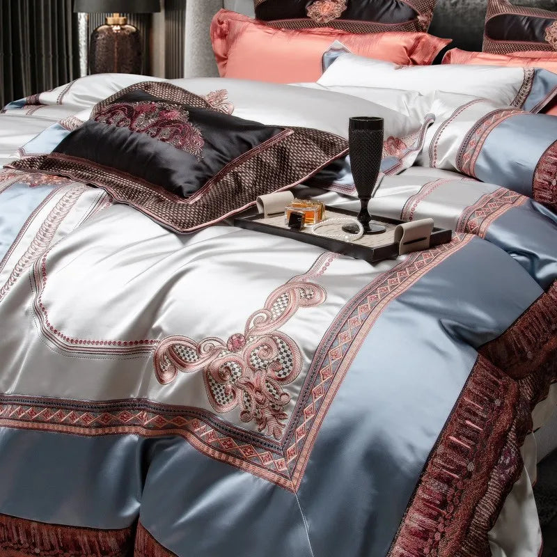 Luxury Baroque Embroidery Patchwork Duvet Cover Set, Silky Satin Cotton 1000TC Bedding Set