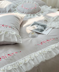 Thumbnail for White Pink Rose Fairy Embroidery Princess Wedding Ruffles Duvet Cover, Egyptian Cotton 1000TC Bedding Set