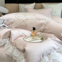 Thumbnail for White Pink French Europe Classic Flowers Ruffles Duvet Cover, 1200TC Egyptian Cotton Bedding Set