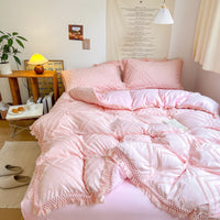 Thumbnail for Brown White Pink Flower Tassel Edge Jacquard Bohemia Duvet Cover Set, Cotton 400TC Bedding Set