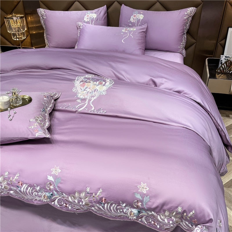 Pink Green Luxury Europe Elegant Floral Embroidery Duvet Cover, 1000TC Egyptian Cotton Bedding Set