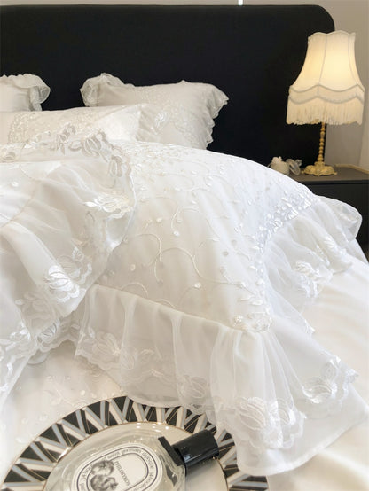 White Romantic Big Lace Edge Princess Wedding Ruffles Duvet Cover Set, 1000TC Egyptian Cotton Bedding Set