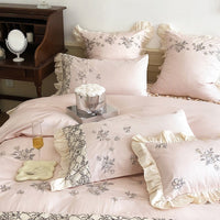 Thumbnail for Cozy Pink Romantic French Floral Lace Patchwork Duvet Cover Set, 600TC Egyptian Cotton Bedding Set