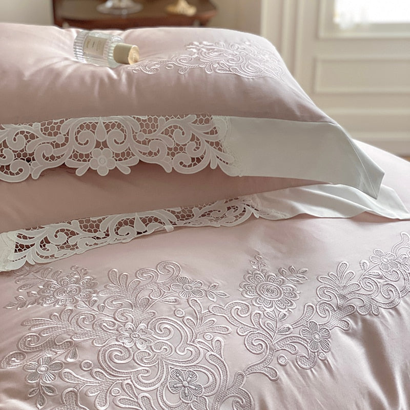 White Champagne Premium Hollow Lace Edge Embroidered Soft Duvet Cover, 1200tc Egyptian Cotton Bedding Set