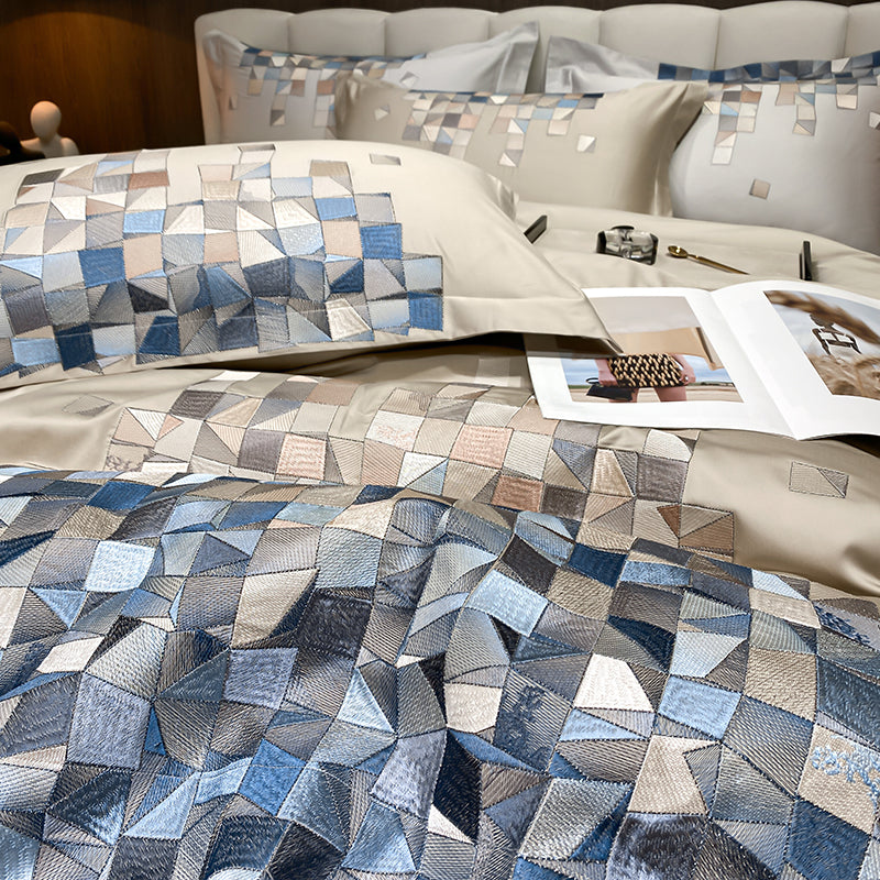 Luxury Silver Blue Beautiful Modern Tiles Embroidered Duvet Cover Set, 1000TC Egyptian Cotton Bedding Set
