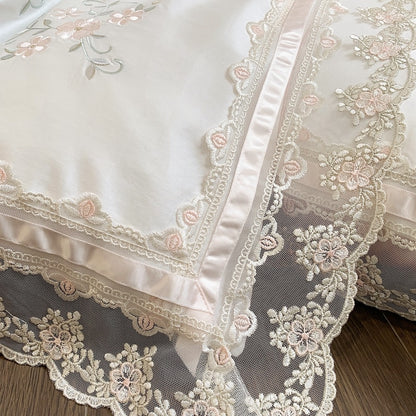 Pink Luxury Romantic French Lace Flowers Wedding Soft Duvet Cover, 1200TC Egyptian Cotton Bedding Set