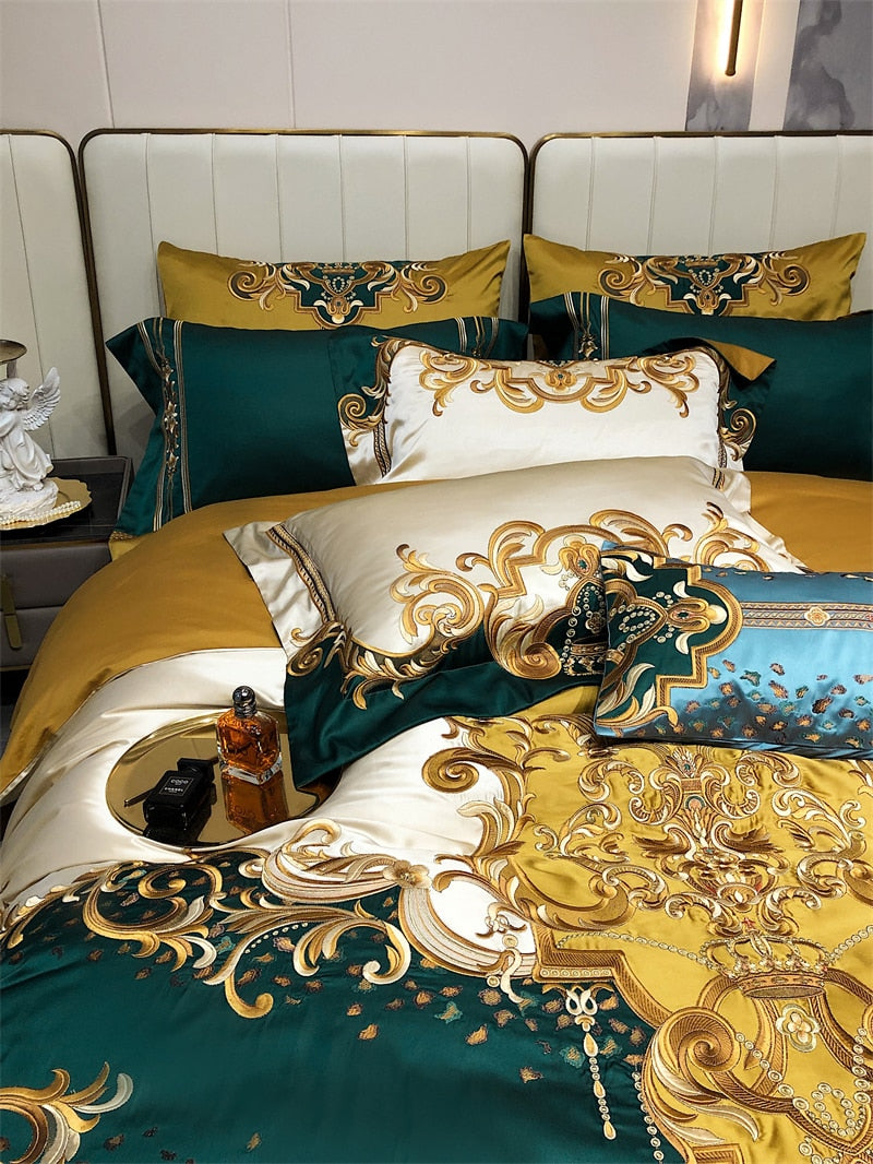 Luxury Gold Green Baroque Vintage Silk Embroidered Duvet Cover Set, 1200TC Egyptian Cotton Bedding Set