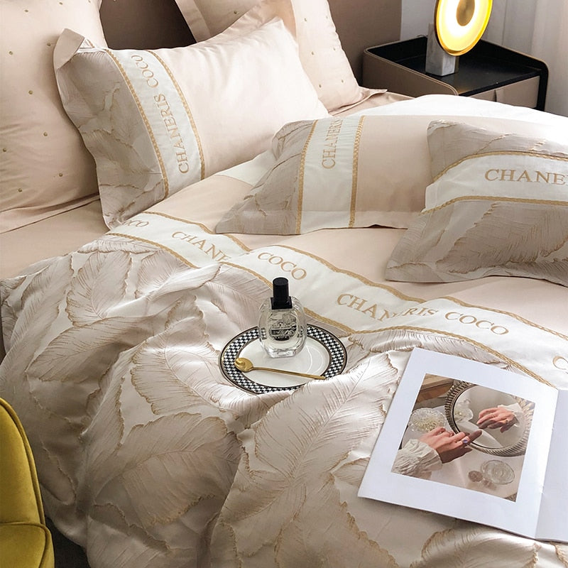 Luxury Leaves Jacquard Patchwork Europe Duvet Cove, Egyptian Cotton 1000TC Bedding Set