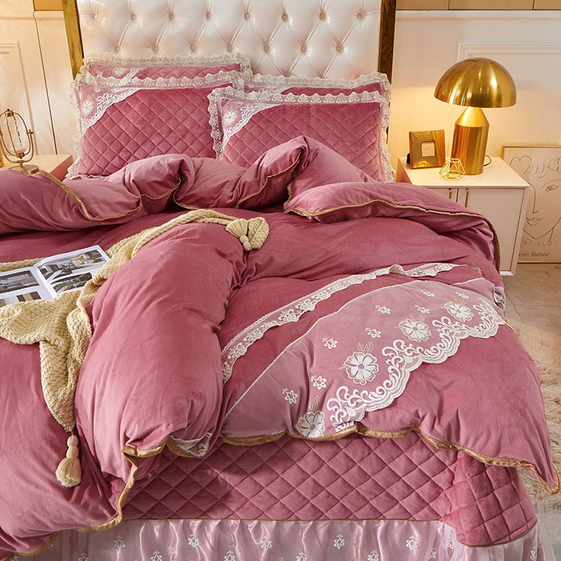 Luxury Yellow Pink Warm Velvet Fleece Lace Ruffles Quilted Bedspread Bedding Set