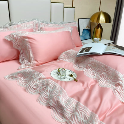 Yellow Pink Premium Europe Wedding Hollow Lace Duvet Cover, Egyptian Cotton 1000TC Bedding Set