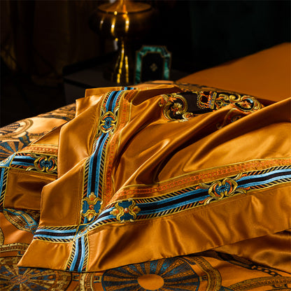 Luxury Vintage Silk European Gold Brown Baroque Duvet Cover Set, Egyptian Cotton 1200TC Bedding Set