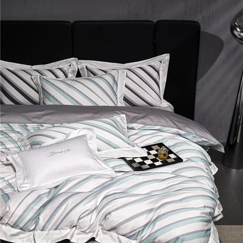 Luxury Grey Modern Black Stripe Duvet Cover Set, 1000TC Egyptian Cotton Bedding Set