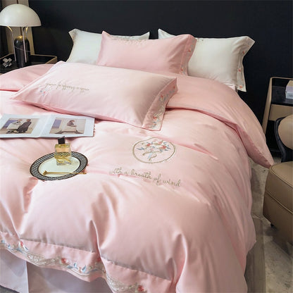 Pink Vintage English Flowers Premium Embroidered Duvet Cover, Egyptian Cotton 1000TC Bedding Set