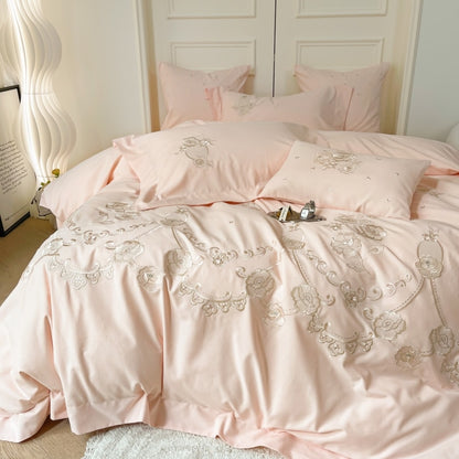 Pink Flowers Premium Embroidery Duvet Cover Set, 1000TC Egyptian Cotton Bedding Set