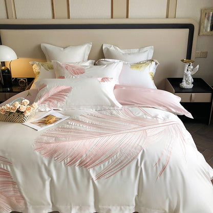 Gold Pink Premium Feather Europe Embroidered Duvet Cover Set, 1000TC Egyptian Cotton Bedding Set
