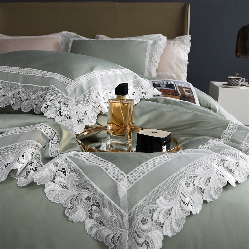 Luxury Champagne White Romance Lace Edge Wedding Duvet Cover Set, 1000TC Egyptian Cotton Bedding Set