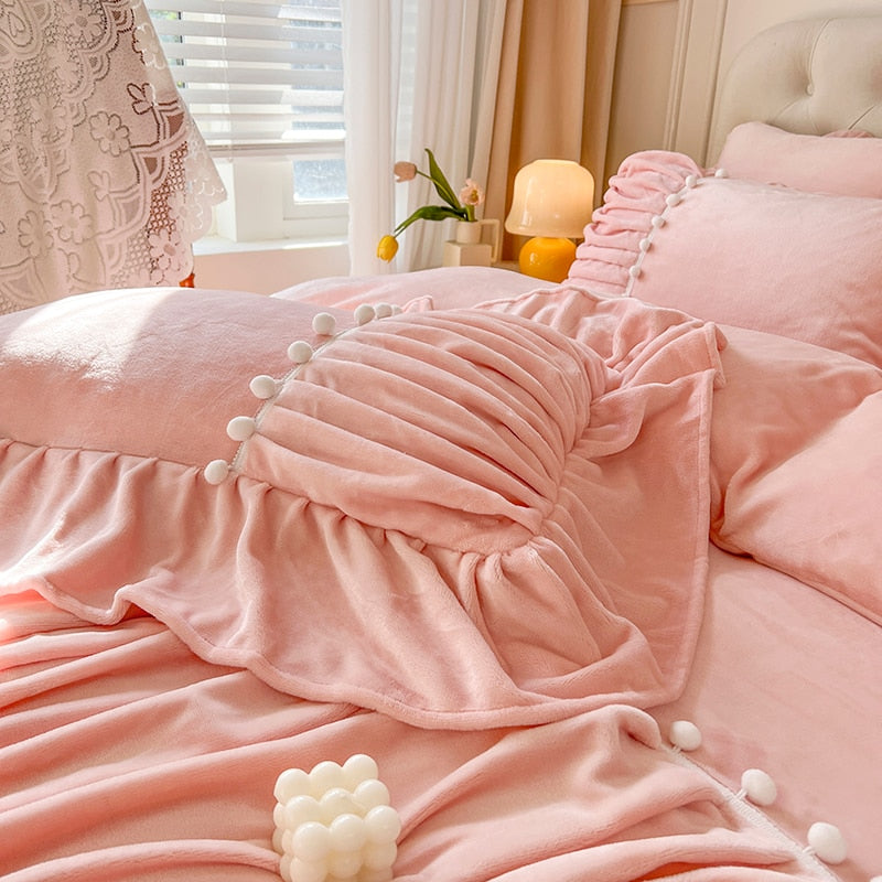 White Pink French Style Ruffles Pleat Ball Europe Duvet Cover Set, Velvet Fleece Bedding Set
