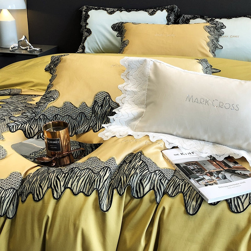 Premium Yellow Black Zebra Lace Embroidery Duvet Cover Set, Egyptian Cotton 1000TC Bedding Set