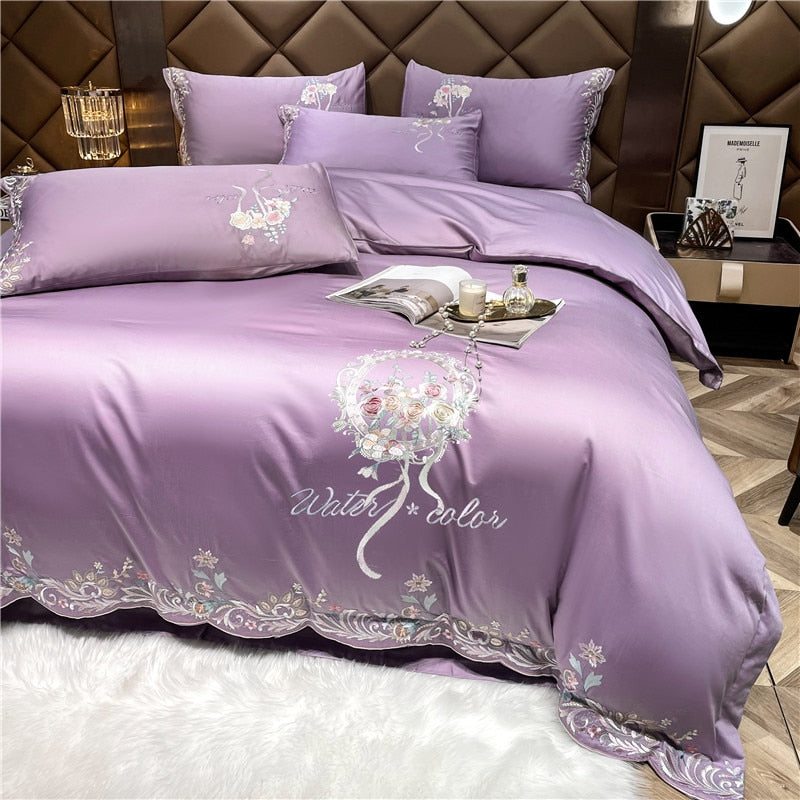 Pink Green Luxury Europe Elegant Floral Embroidery Duvet Cover, 1000TC Egyptian Cotton Bedding Set