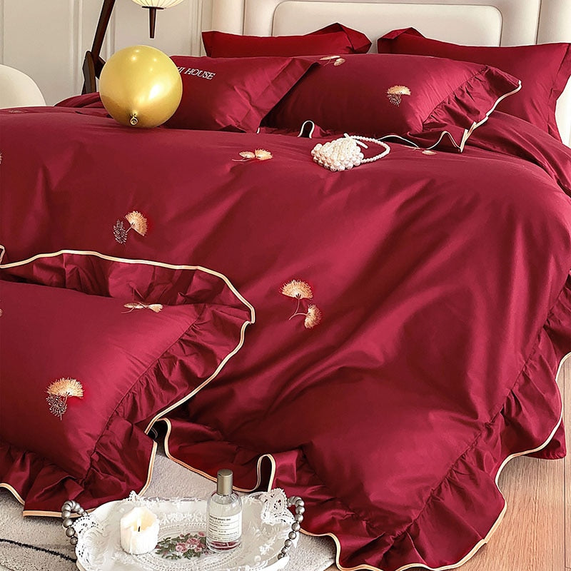 White Red Burgundy French Flower Embroidered Lace Ruffles Duvet Cover Set, 1000TC Egyptian Cotton Bedding Set