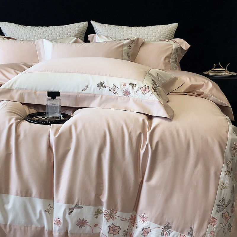 White Black Flowers Butterfly Dragonfly Embroidered Duvet Cover Set, 1000TC Egyptian Cotton Bedding Set