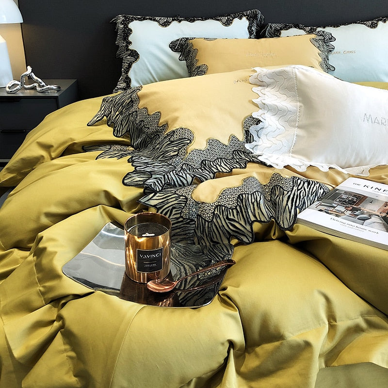 Premium Yellow Black Zebra Lace Embroidery Duvet Cover Set, Egyptian Cotton 1000TC Bedding Set