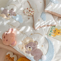 Thumbnail for Brown Kids Good Night Bear Star Kids Embroidered Duvet Cover Set, 100% Washed Cotton Bedding Set