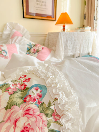 Pink White Pastoral Rose American Floral Princess Lace Bed Skirt Duvet Cover Set, 100% Cotton Bedding Set
