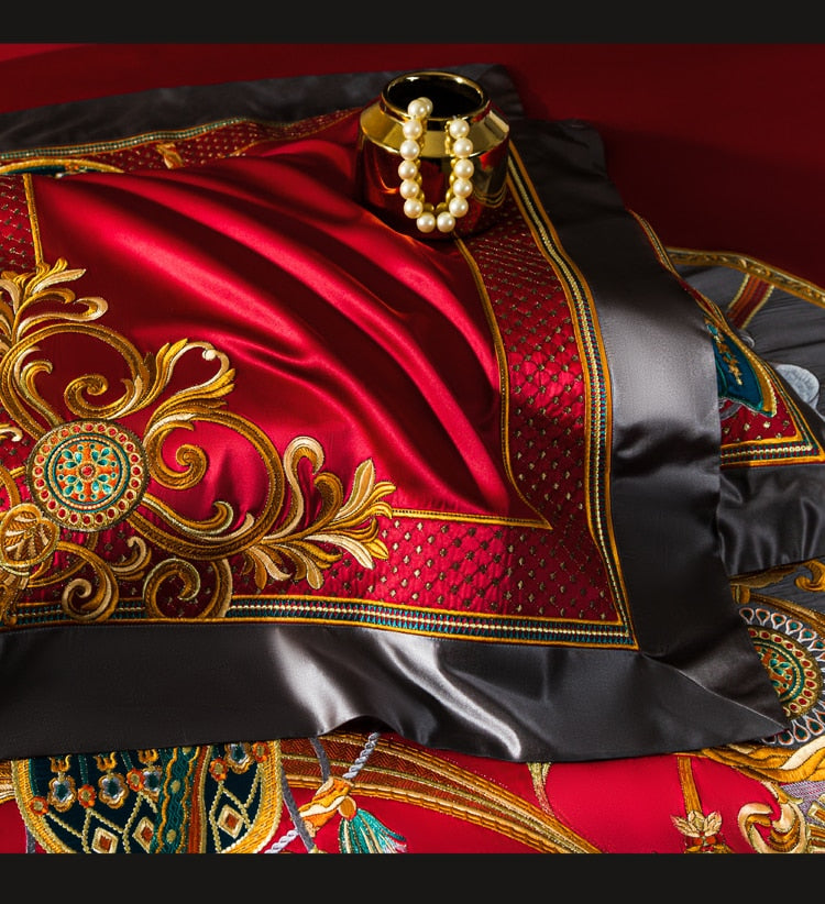 Luxury Red Gold European Horse Jacquard Embroidered Wedding Duvet Cover Set, 1200TC Egyptian Cotton Bedding Set