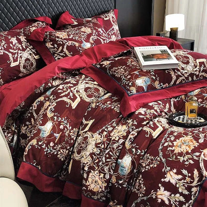 Green Red Vintage Pastoral Leaves Flowers Duvet Cover Set, 1000TC Brushed Cotton Bedding Set