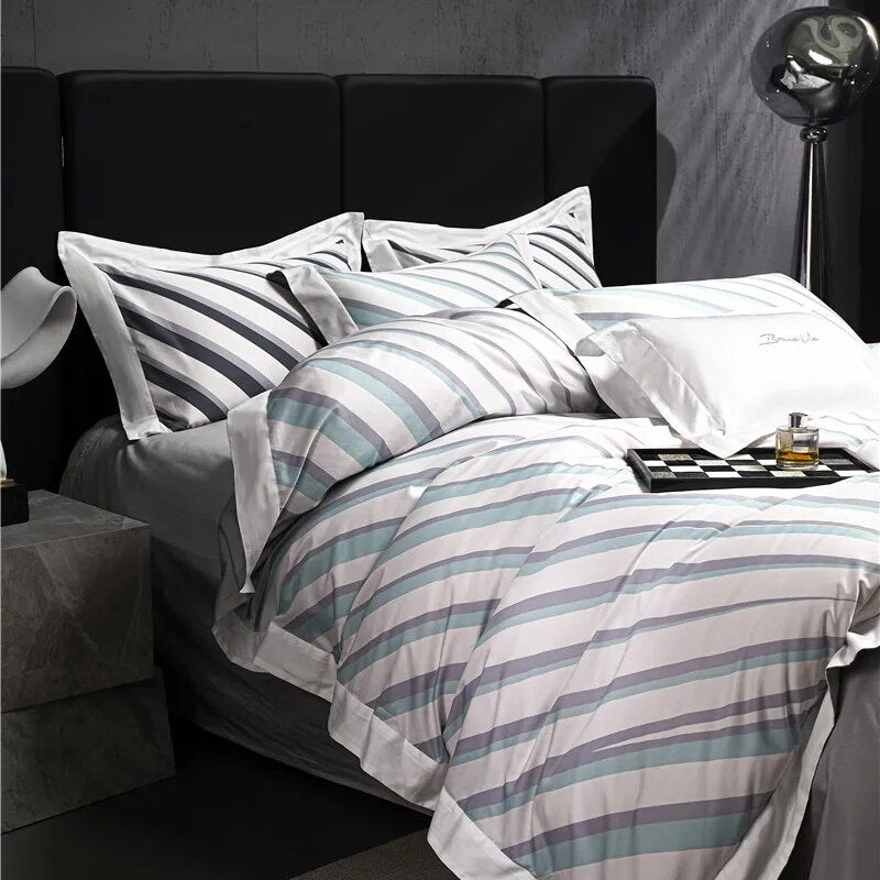 Luxury Grey Modern Black Stripe Duvet Cover Set, 1000TC Egyptian Cotton Bedding Set