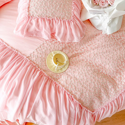 White Pink Korean Princess Girls Child Lace Ruffles Duvet Cover Set, 100% Cotton Bedding Set