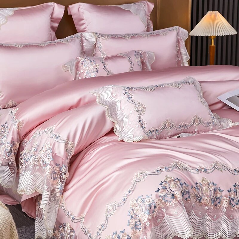 Champagne Pink Luxury French Wedding Embroidery Silk Europe Palace Duvet Cover, Egyptian Cotton 1200TC Bedding Set