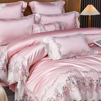 Thumbnail for Champagne Pink Luxury French Wedding Embroidery Silk Europe Palace Duvet Cover, Egyptian Cotton 1200TC Bedding Set