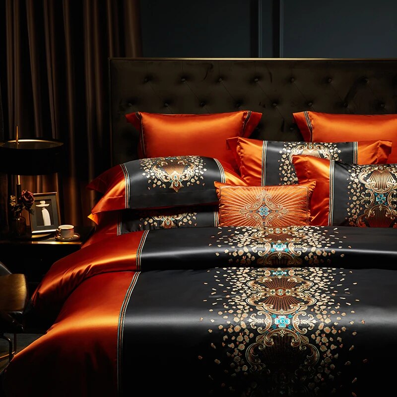 Black Red Gold Luxury Baroque Palace Embroidery Patchwork Duvet Cover, Egyptian Cotton 1000TC Bedding Set