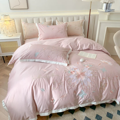 Pink Green Beauty Butterfly Feather Embroidery Duvet Cover, Egyptian Cotton 1200TC Bedding Set