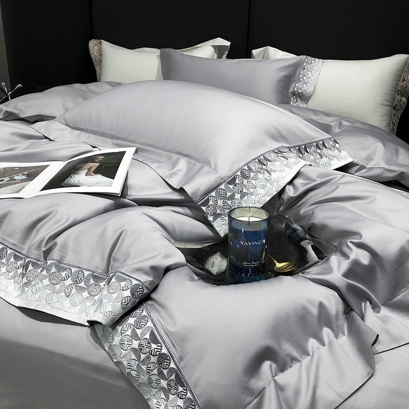 Luxury White Gold Embroidery Hotel Grade Satin Silky Duvet Cover Set, 1000TC Egyptian Cotton Bedding Set